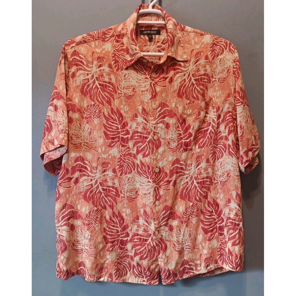 Murano Silk Shirt Mens L Button Up Pocket Short Sleeve Orange Rust Leafy Tropic